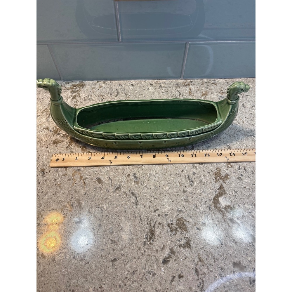 Vintage Green Ceramic Viking Longship Planter Dragon Boat Centerpiece 15 Inch - Picture 8 of 11